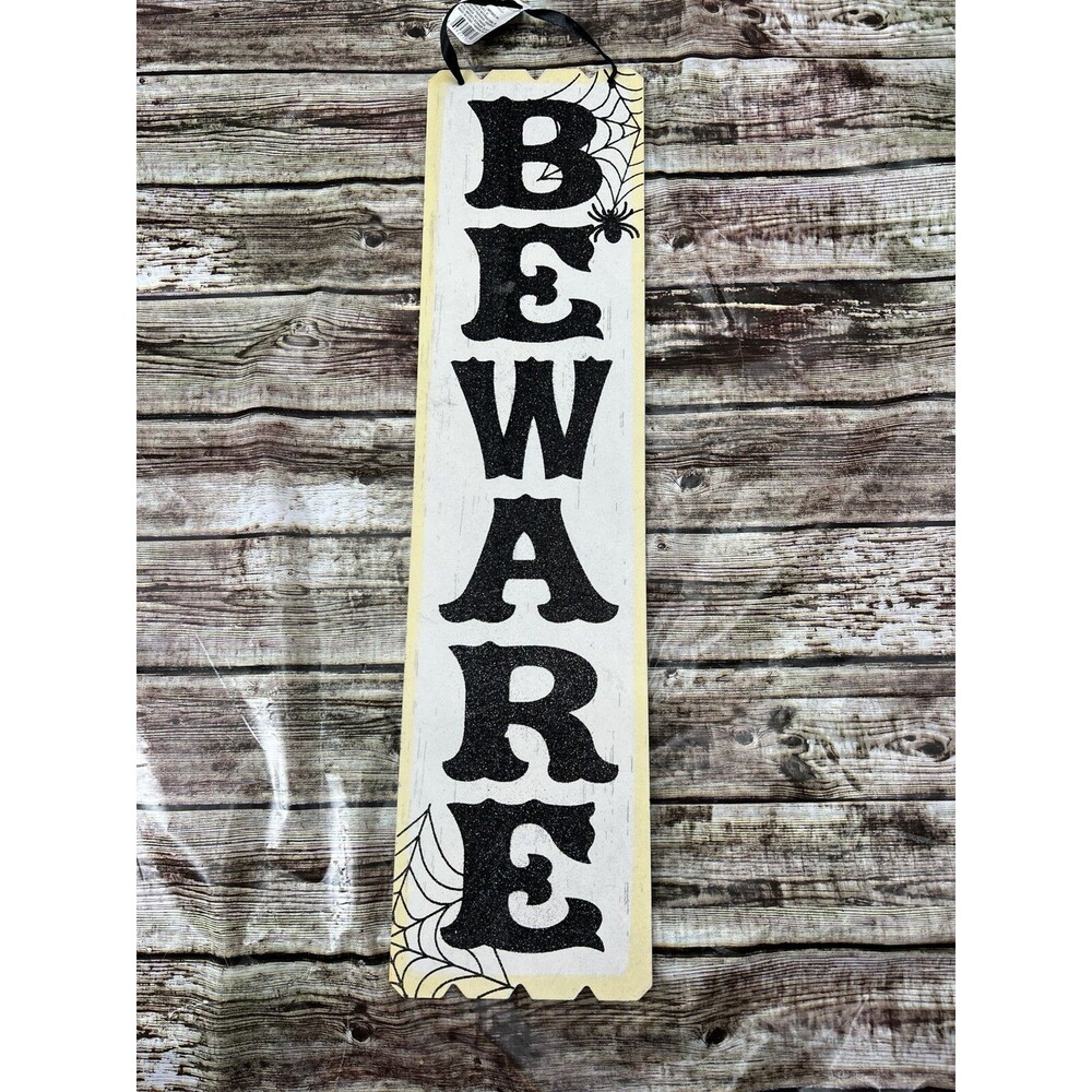 Black Glittered Wood Halloween Outdoor Sign BEWARE Hanging Wall Decor Spider Web